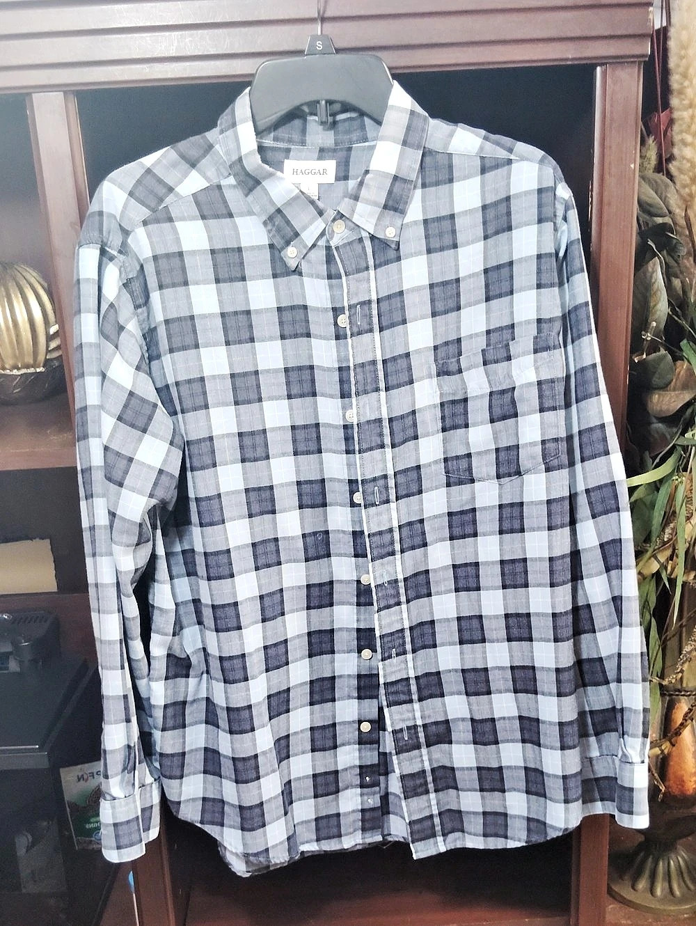 Haggar Plaid Button Down in Blue & Gray Size Large